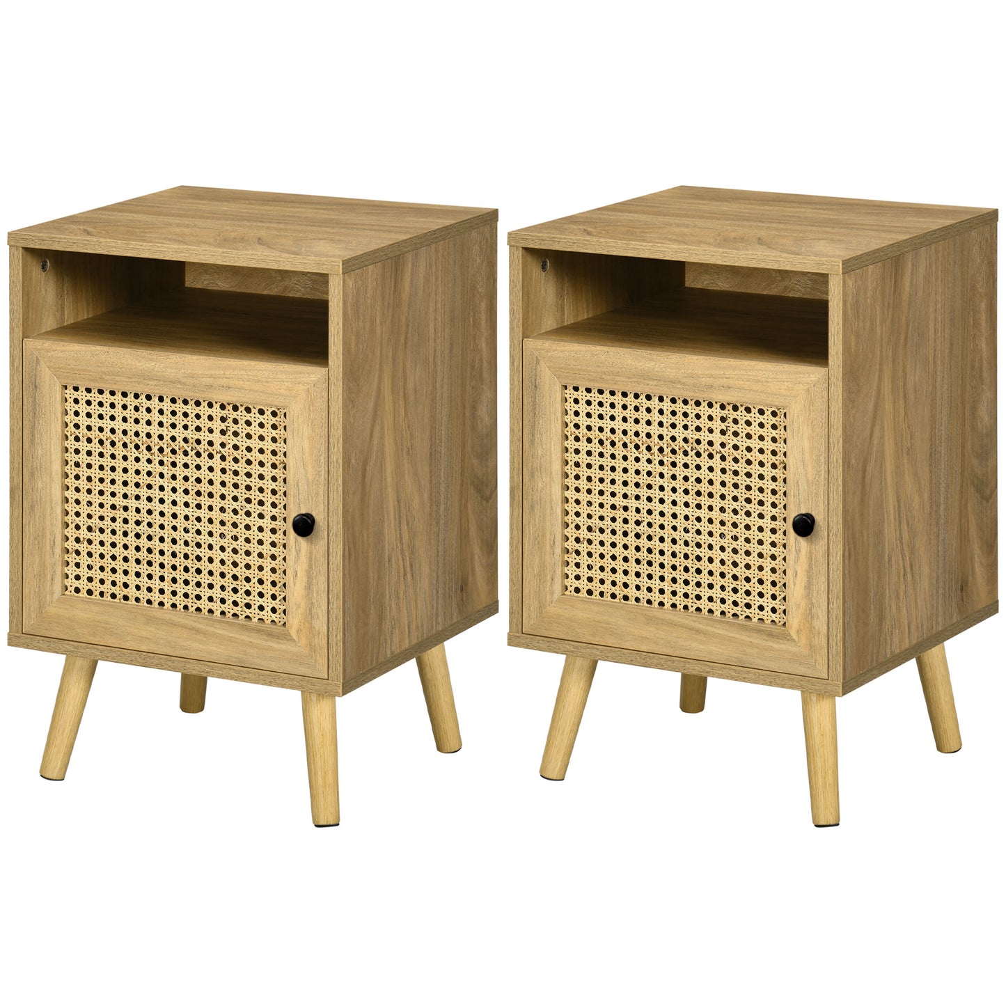 HOMCOM Bedside Table-Cupboard with Rattan Element (Set of 2 - Pair)