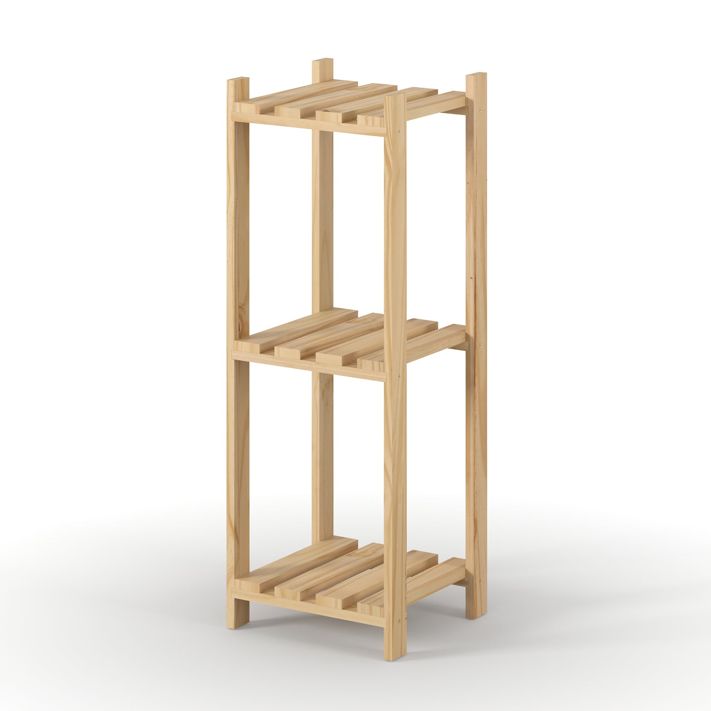 Solid Pine Narrow Storage Unit 3 Tier Slatted Shelf Natural Wood
