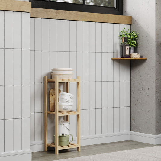 Solid Pine Narrow Storage Unit 3 Tier Slatted Shelf Natural Wood