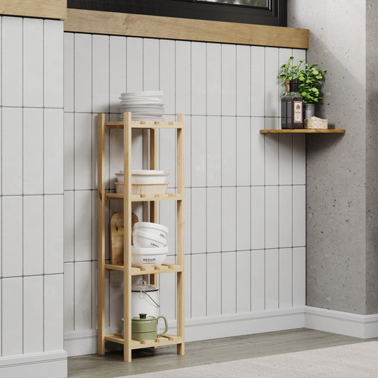 Solid Pine Narrow Storage Unit 4 Tier Slatted Shelf Natural Wood