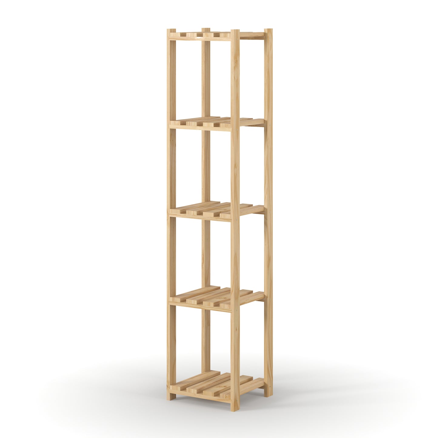 Solid Pine Narrow Storage Unit 5 Tier Slatted Shelf Natural Wood