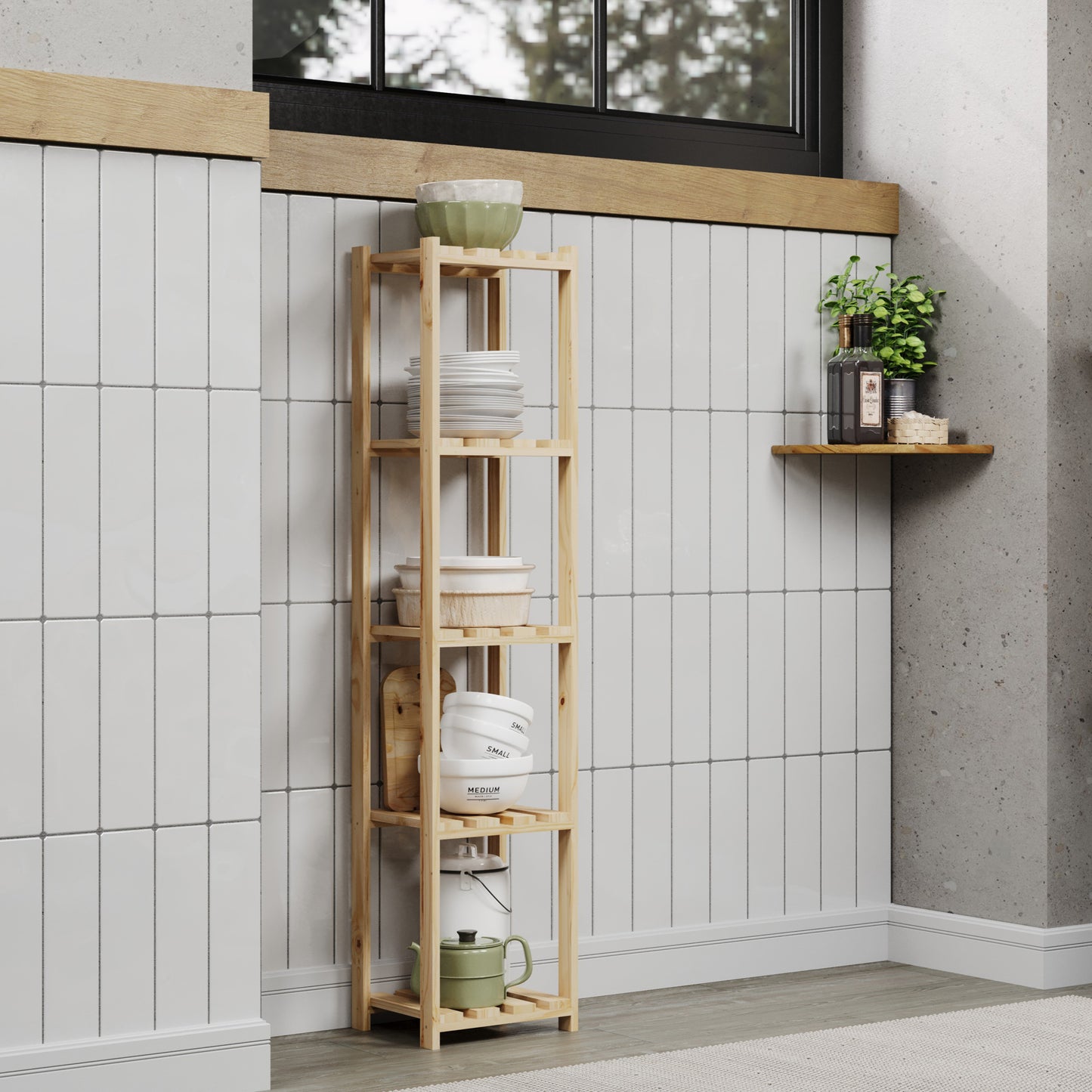 Solid Pine Narrow Storage Unit 5 Tier Slatted Shelf Natural Wood