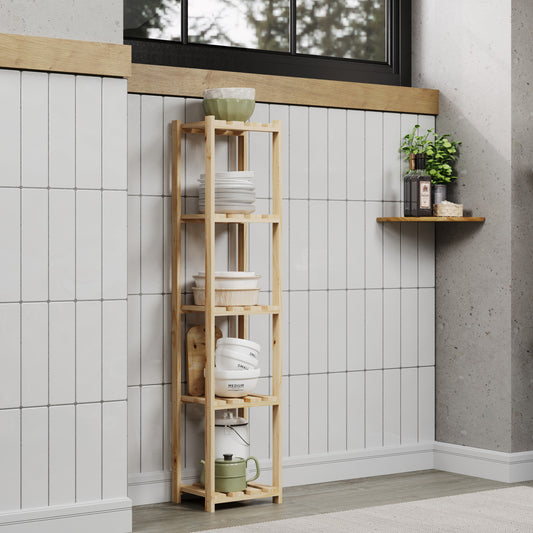 Solid Pine Narrow Storage Unit 5 Tier Slatted Shelf Natural Wood