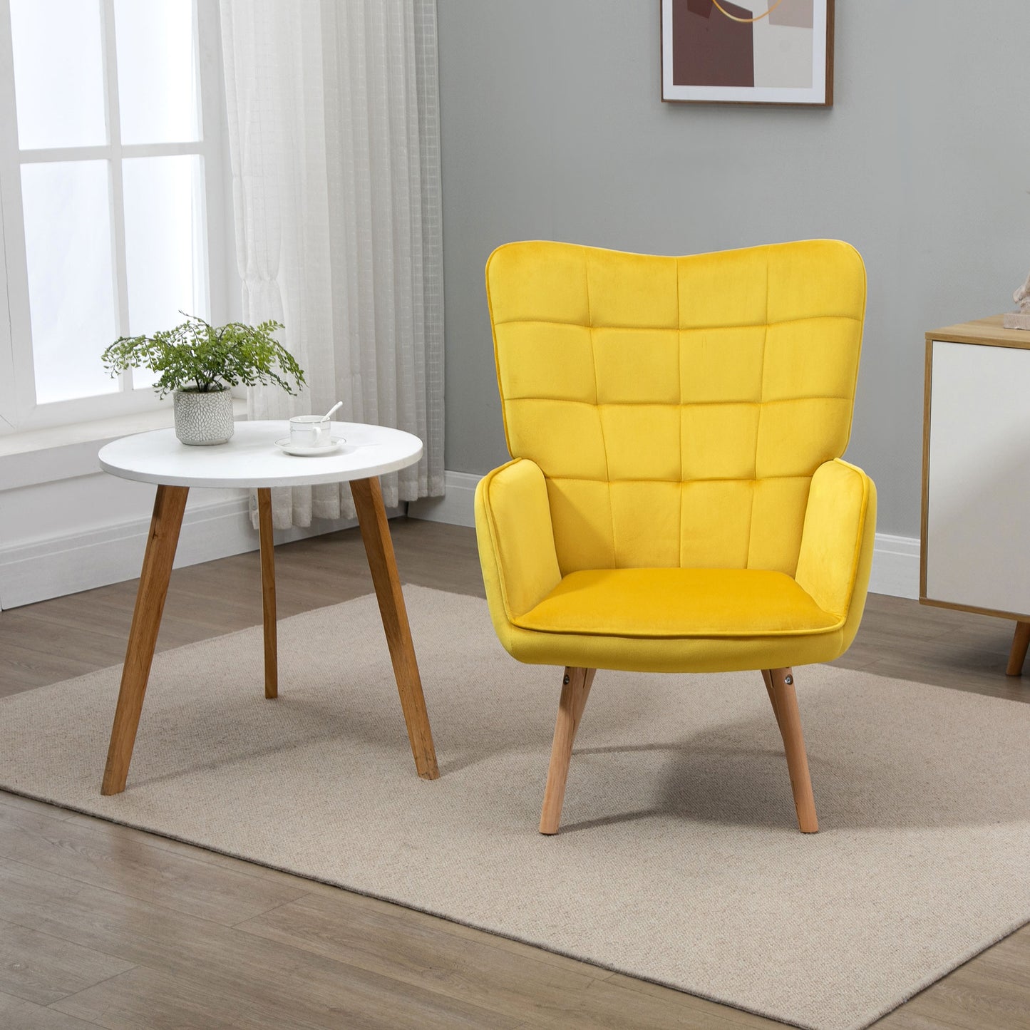 Accent Modern Armchair (HOMCOM) Cushioned Upholstered Velvet Tufted Wingback Leisure Armchair in Yellow