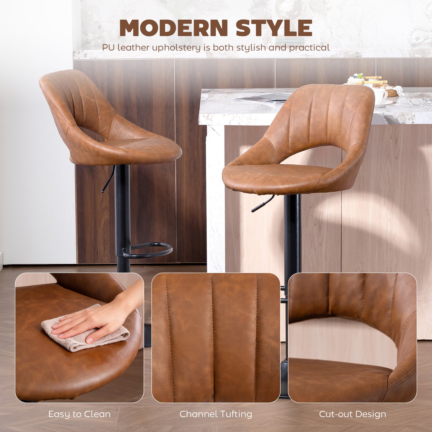 Faux Leather Bar Stools - Set of Two (x2) in Brown