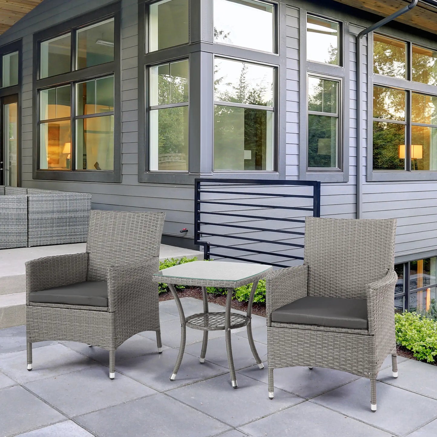 3 Pieces Rattan Bistro Set, Wicker Garden Furniture Set with 2-Tier Coffee Table and Chairs in Grey