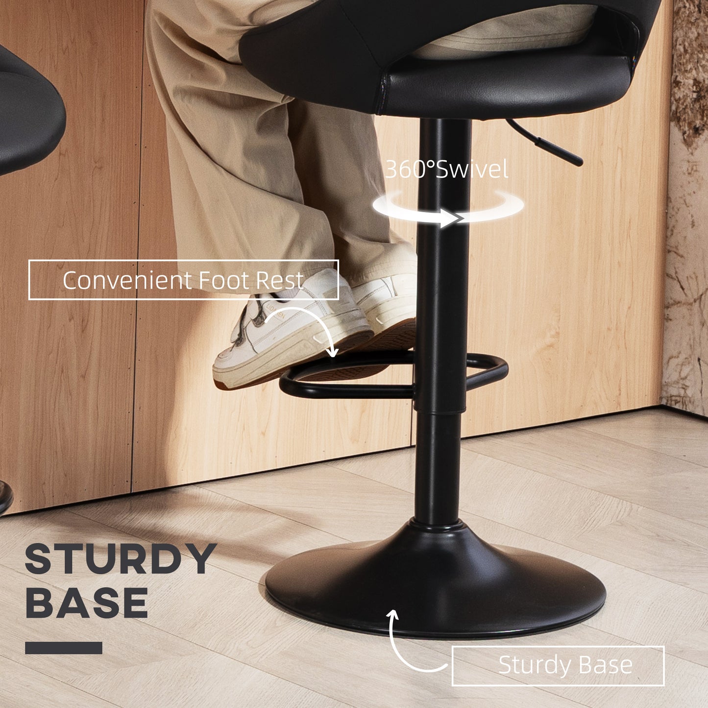 Faux Leather Bar Stools - Set of Two (x2) in Black