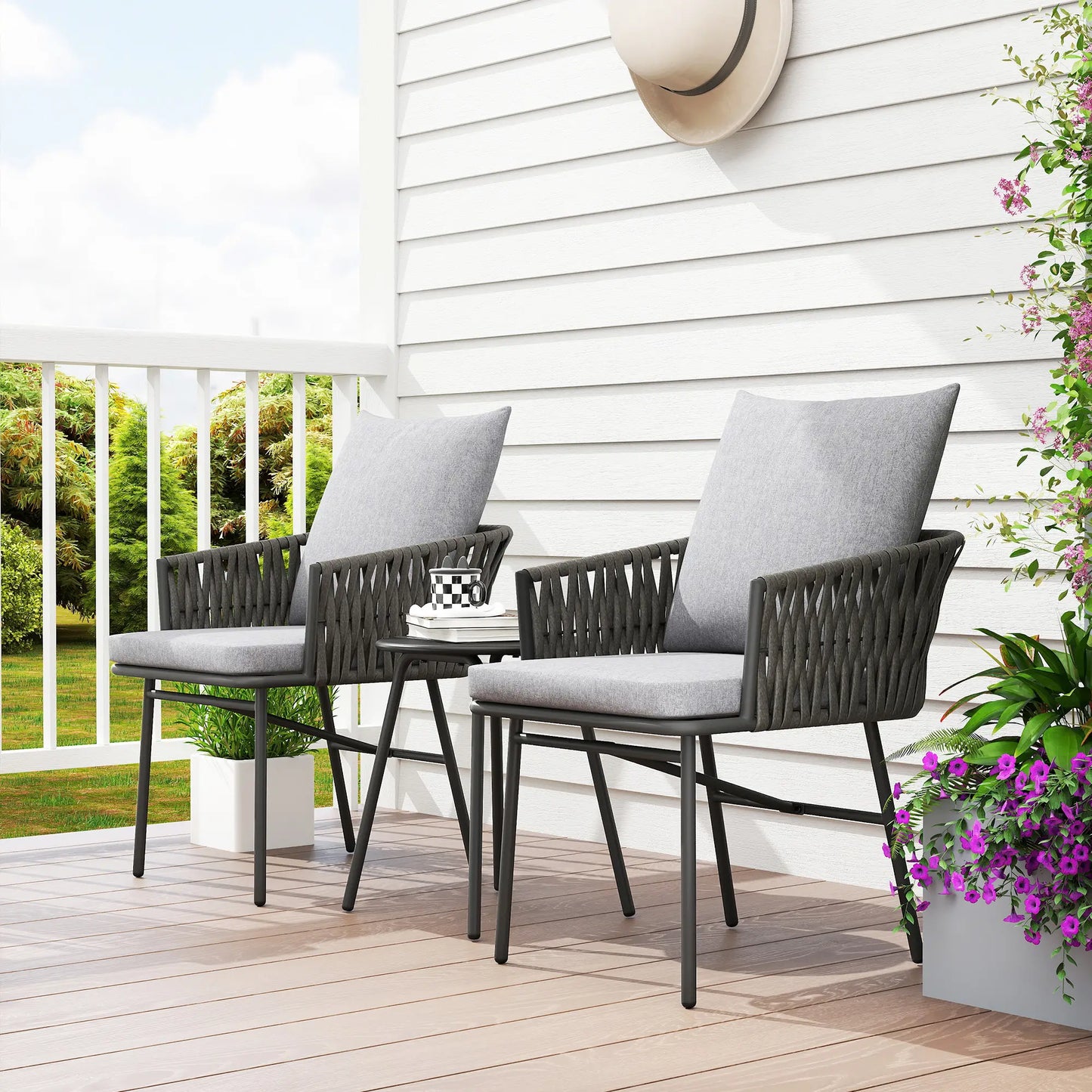 3-Piece Rattan Bistro Set, Garden Table and Chairs with 4 Cushions in Grey