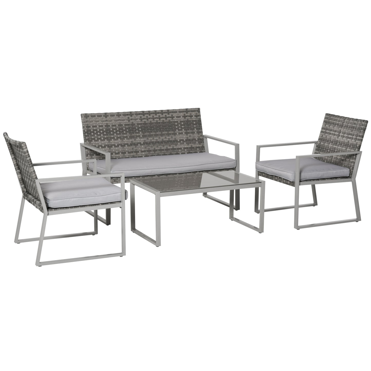 4PC Rattan Garden Furniture Set with 2 Single Sofa Arm Chairs and 1 Bench with Cushions