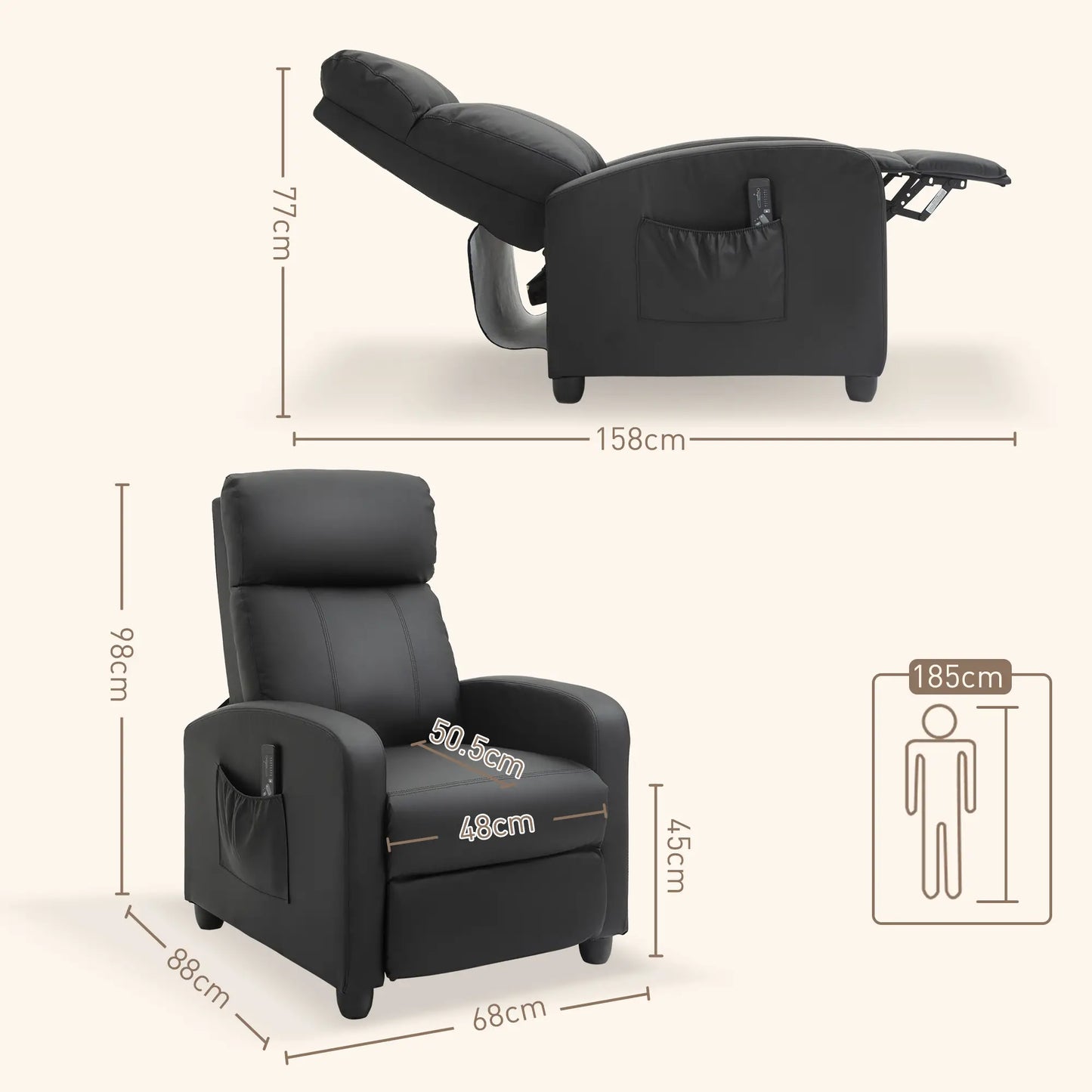 Black Faux Leather Massage Recliner Armchair 150° Push Back Chair