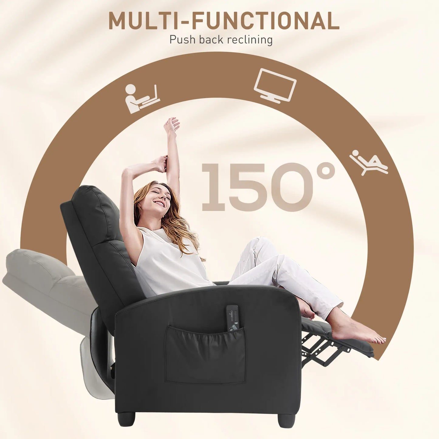 Black Faux Leather Massage Recliner Armchair 150° Push Back Chair