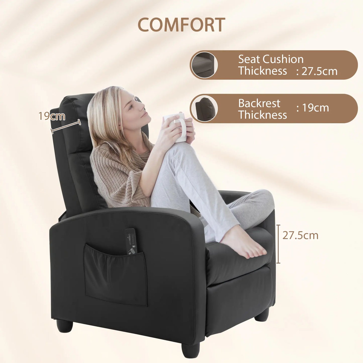 Black Faux Leather Massage Recliner Armchair 150° Push Back Chair