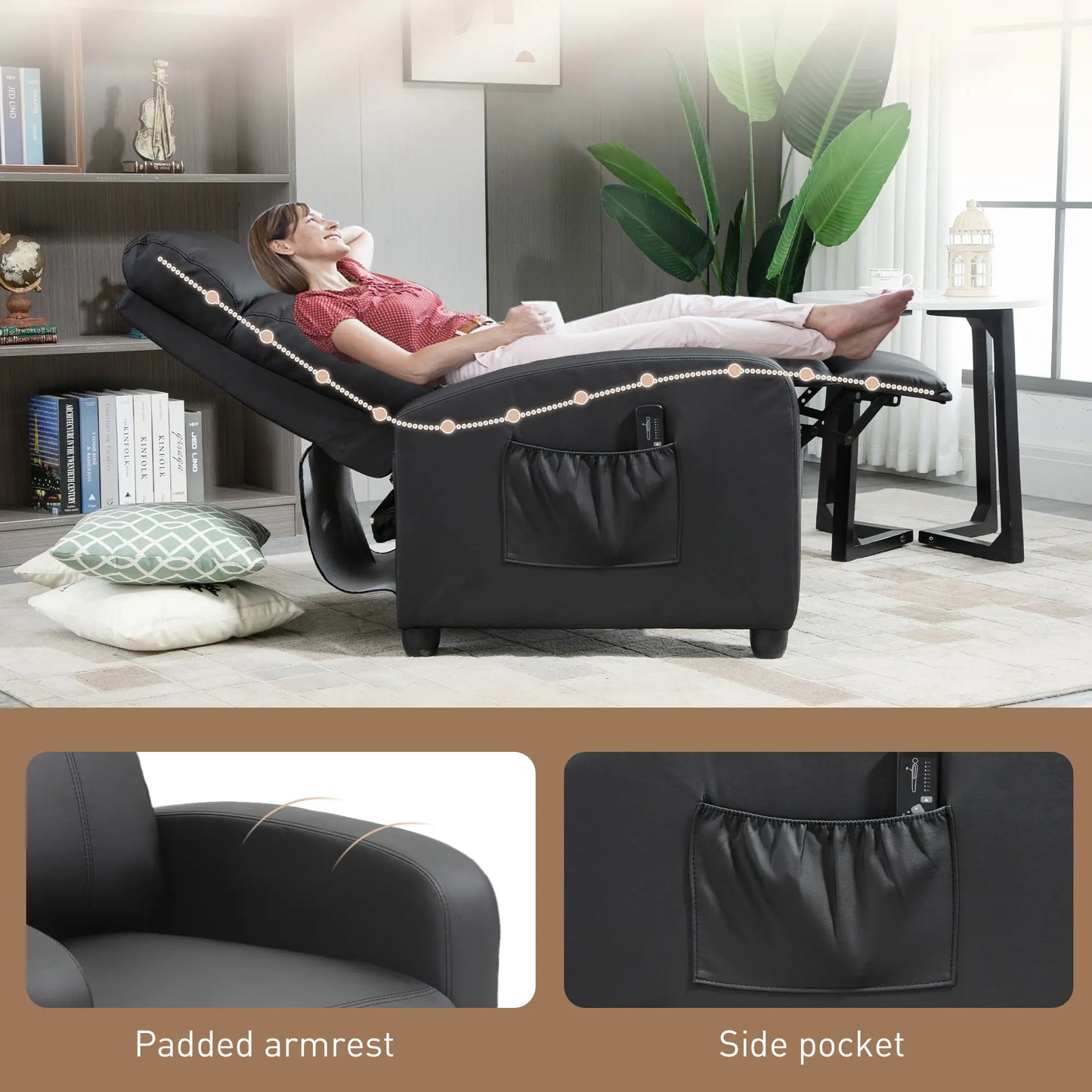 Black Faux Leather Massage Recliner Armchair 150° Push Back Chair