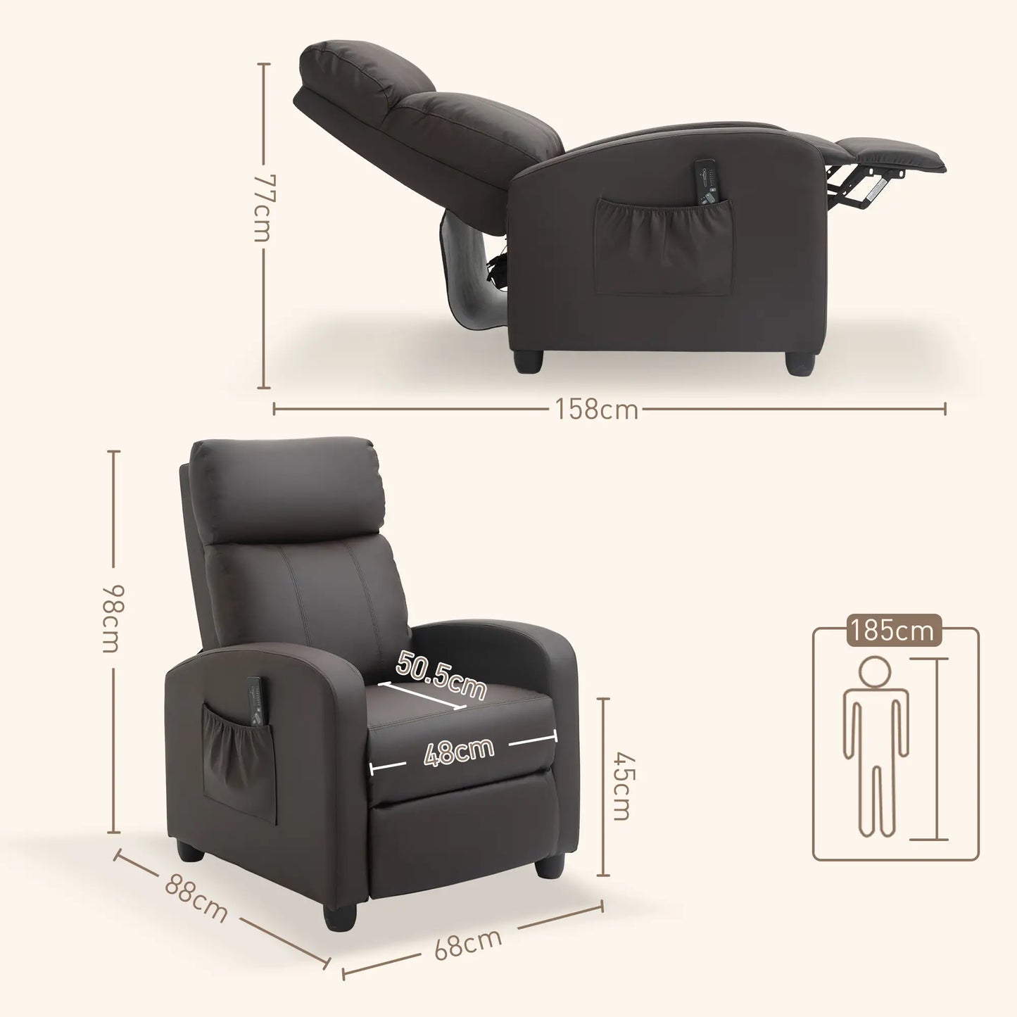 Brown Faux Leather Massage Recliner Armchair with 150° Recline