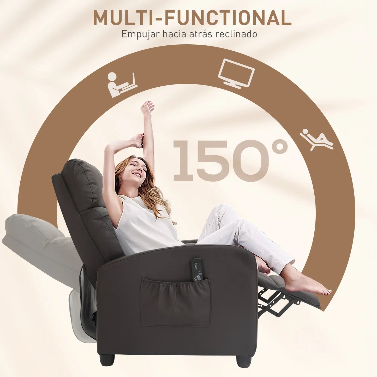 Brown Faux Leather Massage Recliner Armchair with 150° Recline