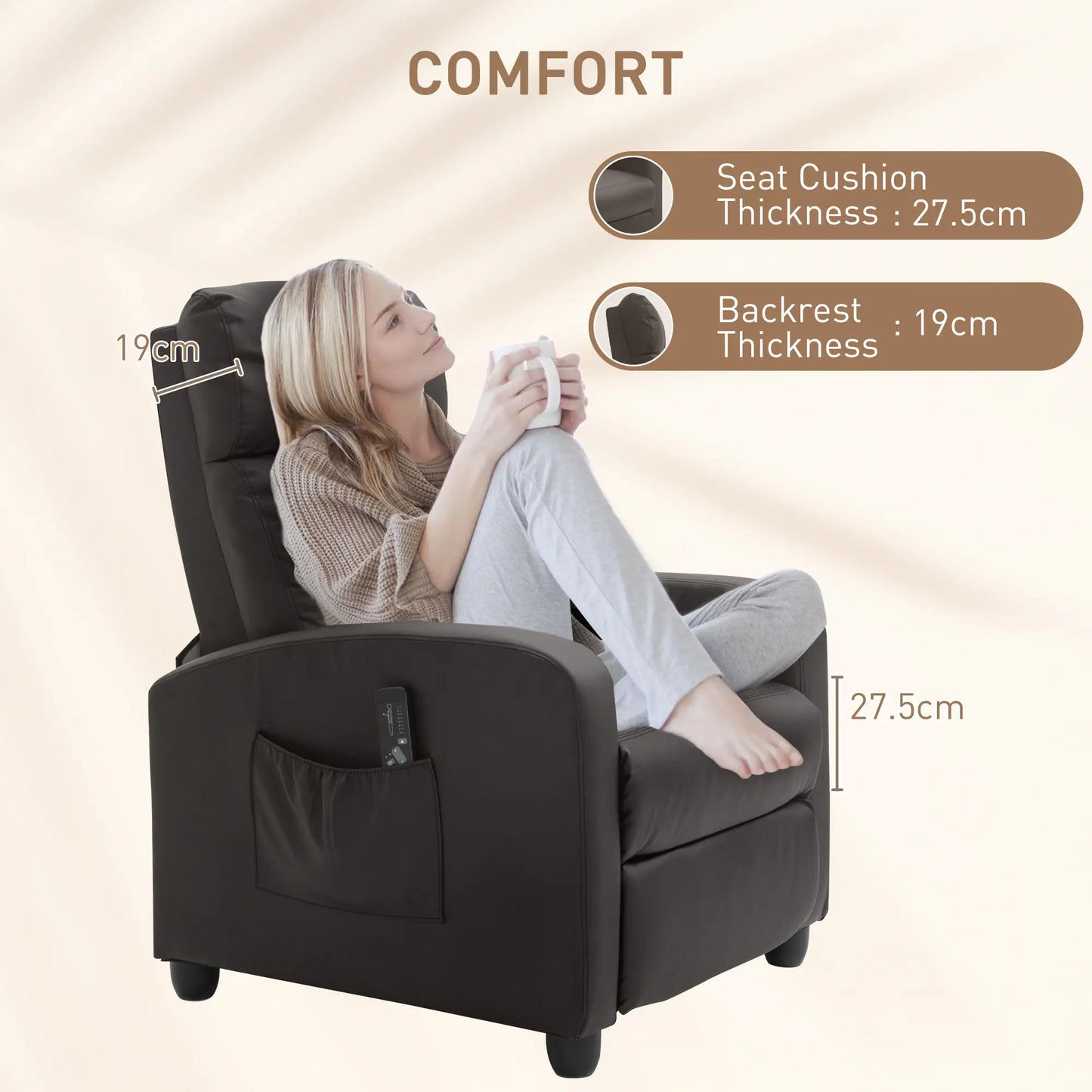 Brown Faux Leather Massage Recliner Armchair with 150° Recline