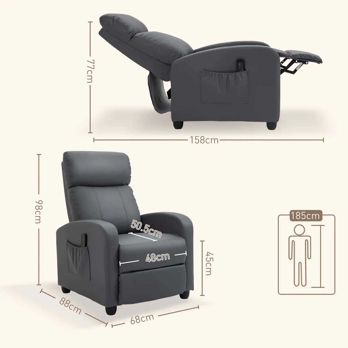 Grey Faux Leather Massage Recliner Armchair with 150° Push Back