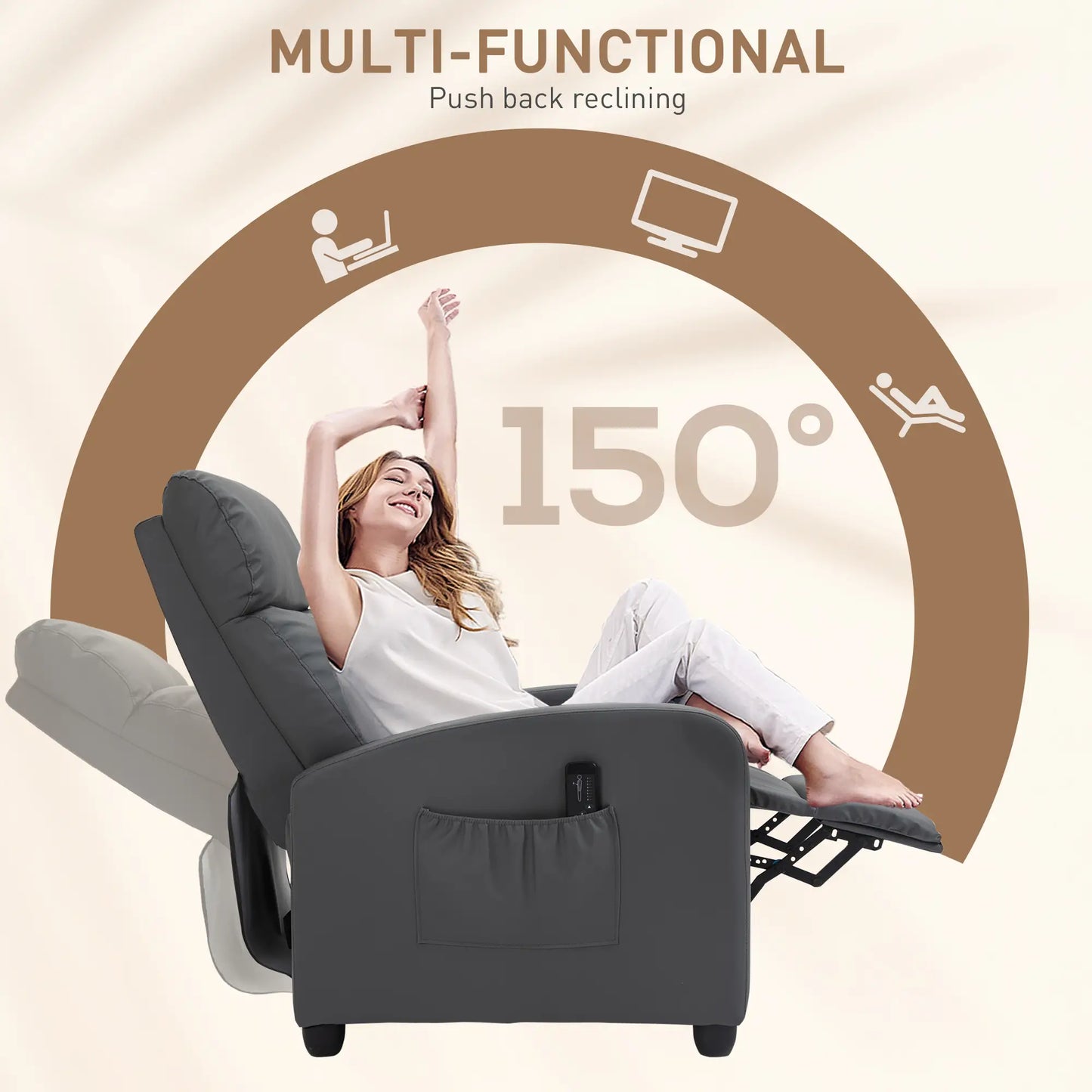Grey Faux Leather Massage Recliner Armchair with 150° Push Back