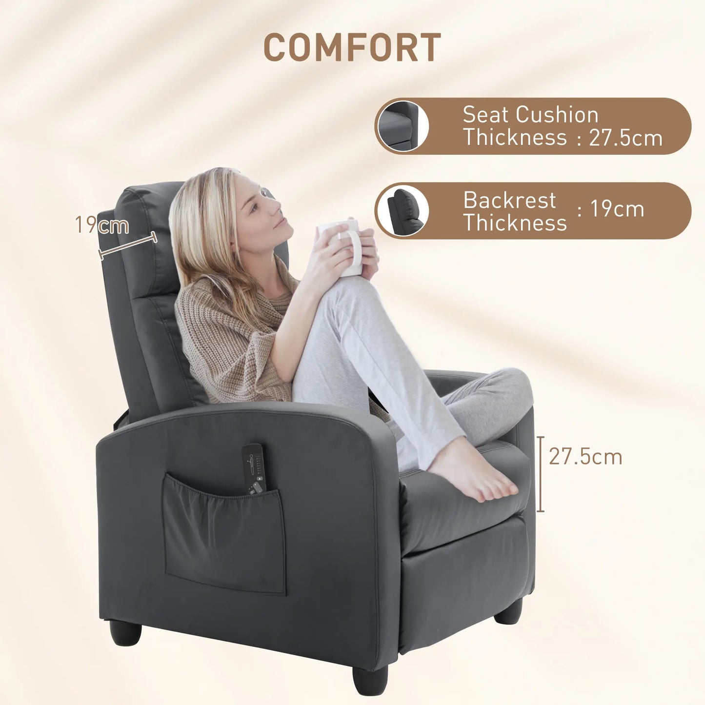Grey Faux Leather Massage Recliner Armchair with 150° Push Back