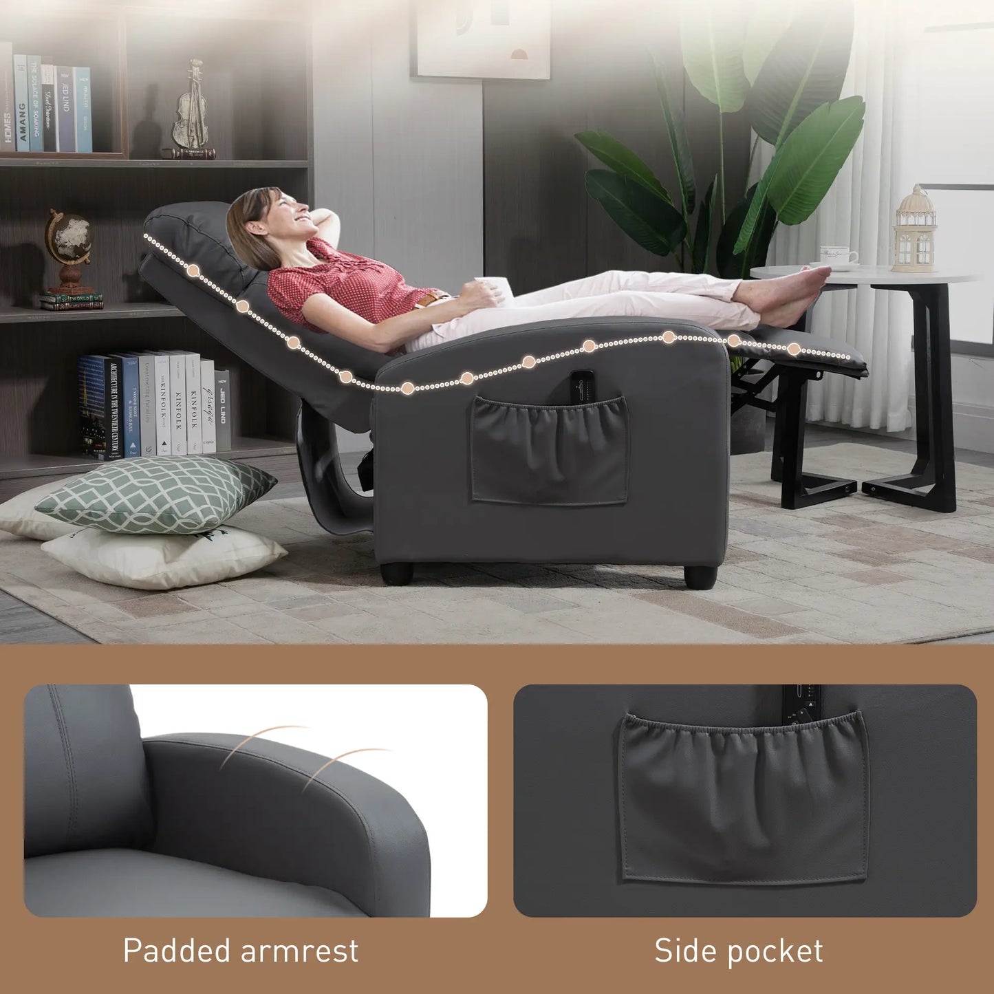 Grey Faux Leather Massage Recliner Armchair with 150° Push Back