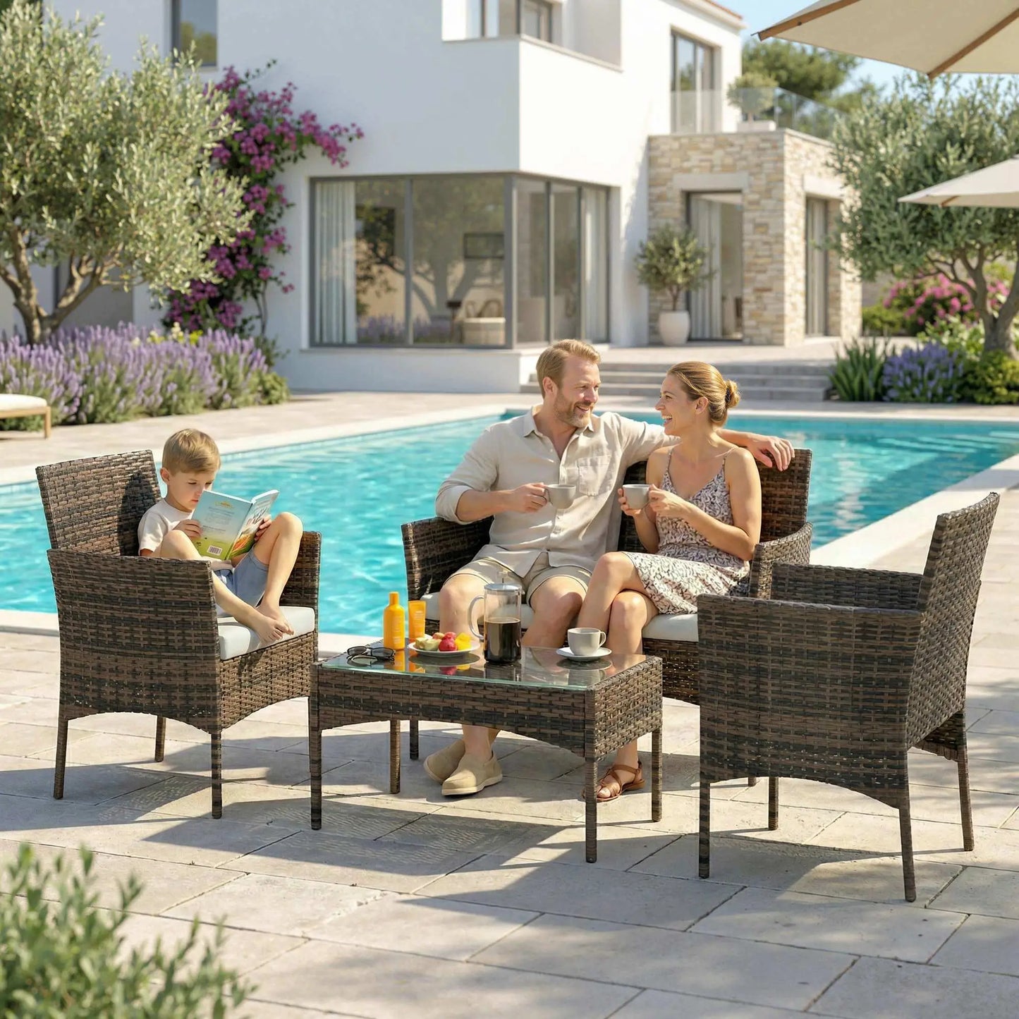 4 Piece Rattan Garden Furniture Sofa Set in Brown