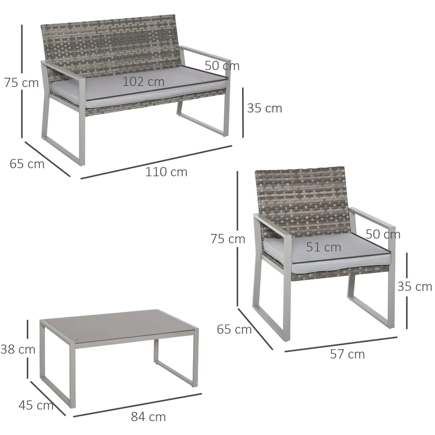 4PC Rattan Garden Furniture Set with 2 Single Sofa Arm Chairs and 1 Bench with Cushions