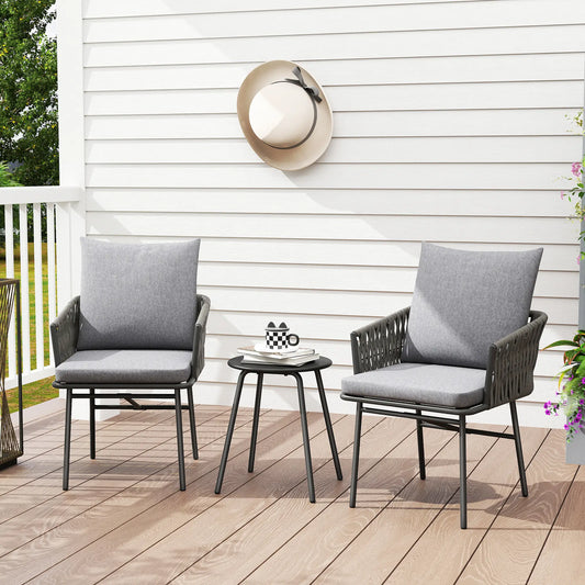 3-Piece Rattan Bistro Set, Garden Table and Chairs with 4 Cushions in Grey