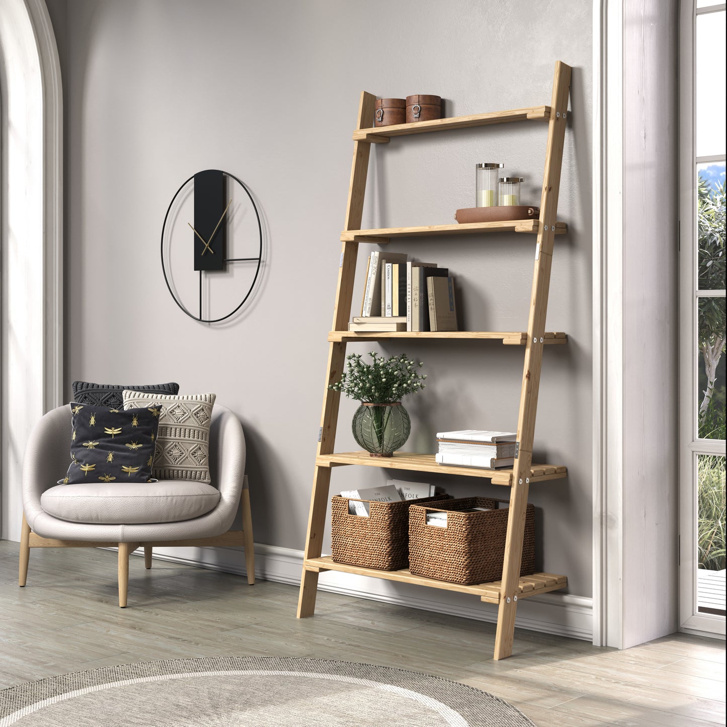 Solid Pine Ladder Shelf Unit 5 Tier Wooden Slatted Shelving Natural / Paintable