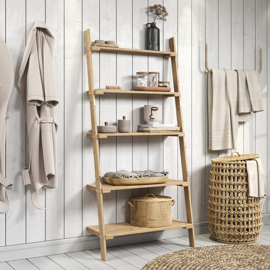Solid Pine Ladder Shelf Unit 5 Tier Wooden Slatted Shelving Natural / Paintable