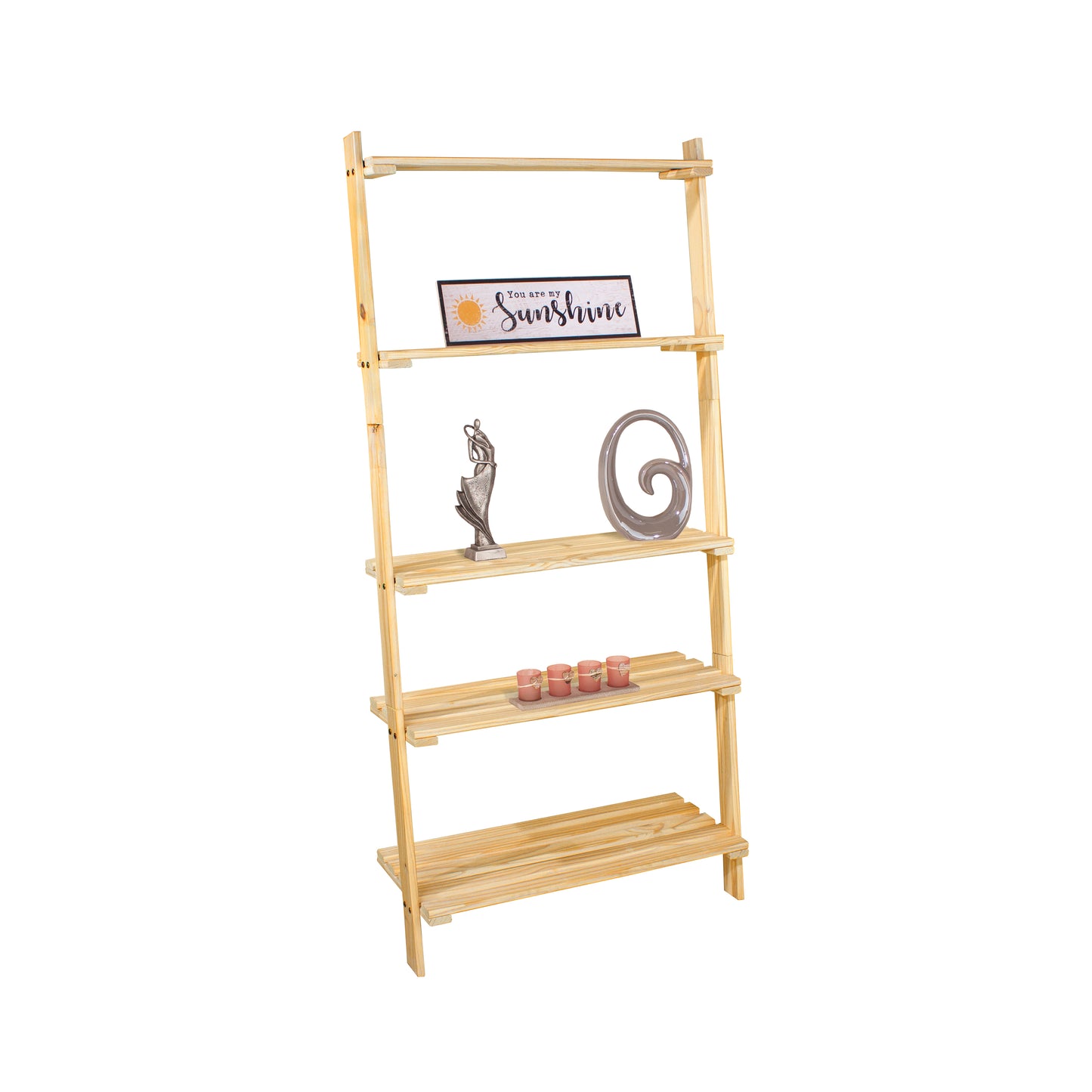 Solid Pine Ladder Shelf Unit 5 Tier Wooden Slatted Shelving Natural / Paintable
