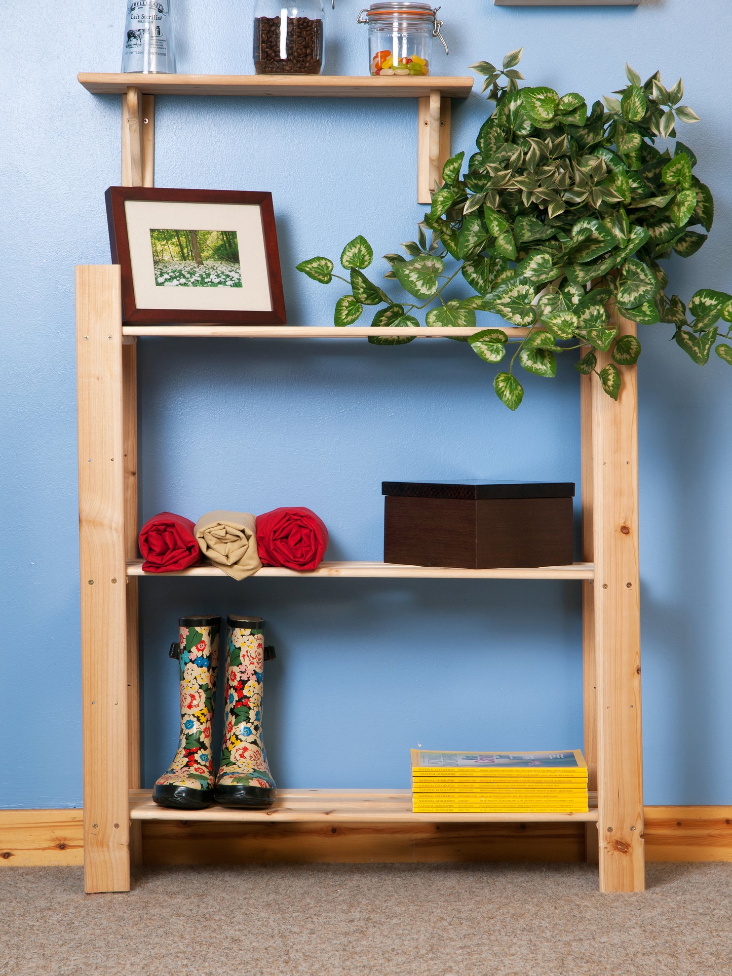 Solid Pine Slatted Storage Unit 3 Shelf Natural Wood Shelving