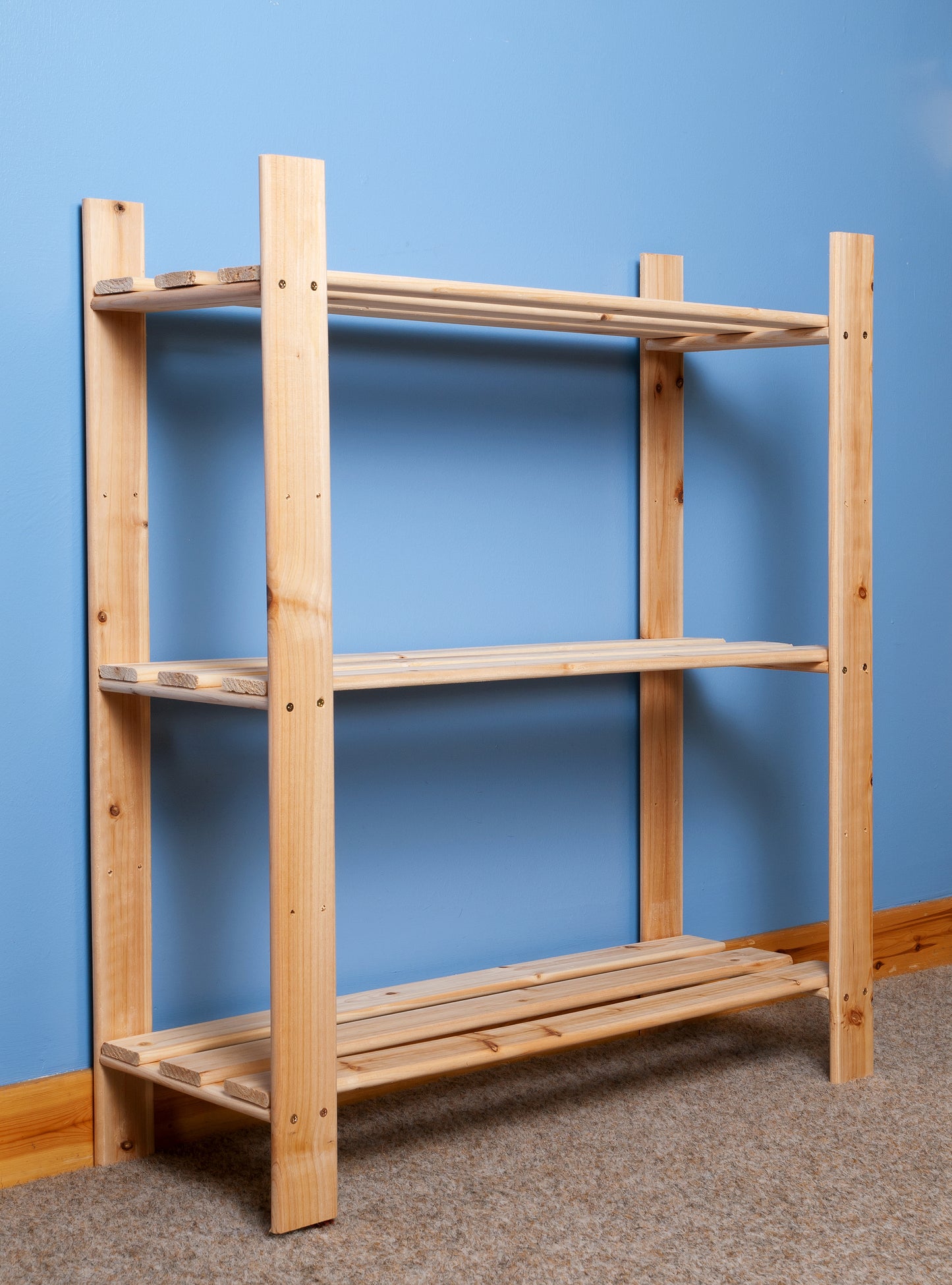 Solid Pine Slatted Storage Unit 3 Shelf Natural Wood Shelving