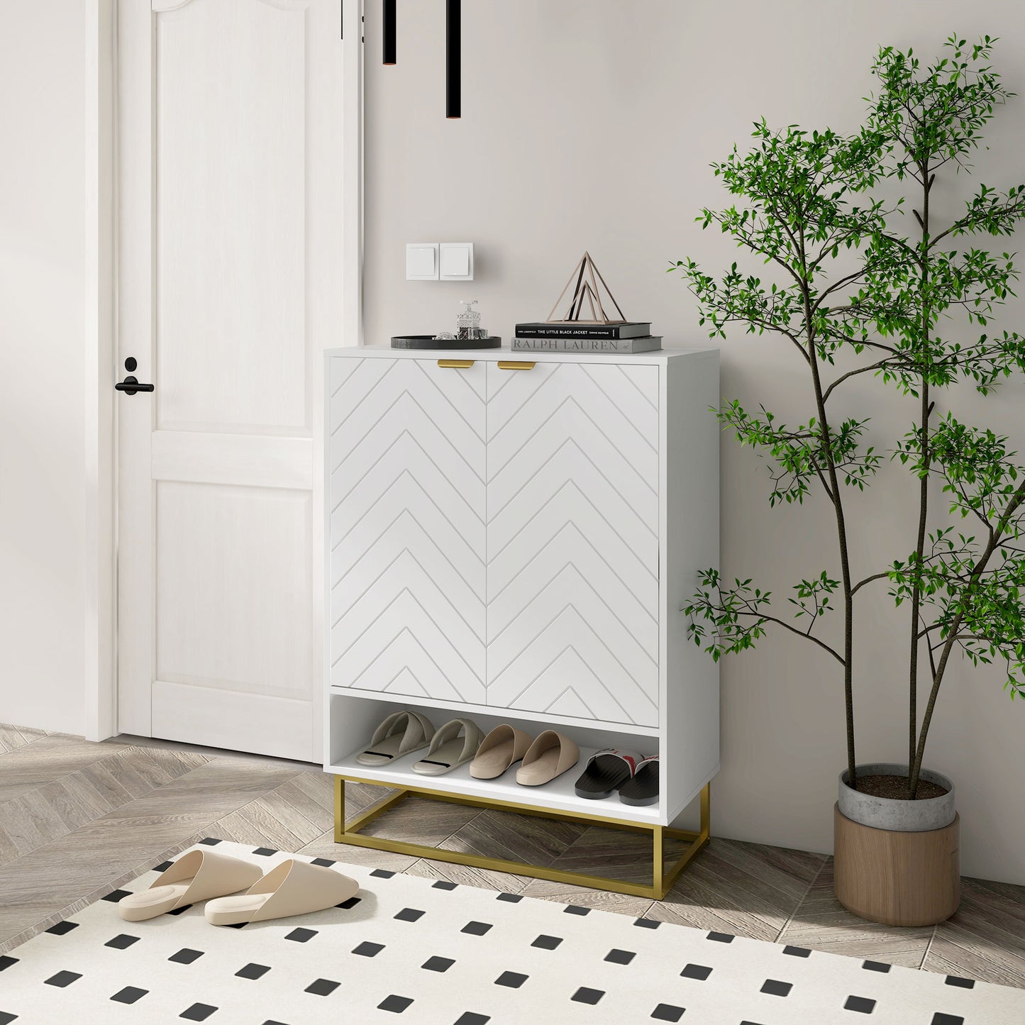 Modern Shoe Storage Cabinet -Cupboard with Open Shelf and Adjustable Shelf