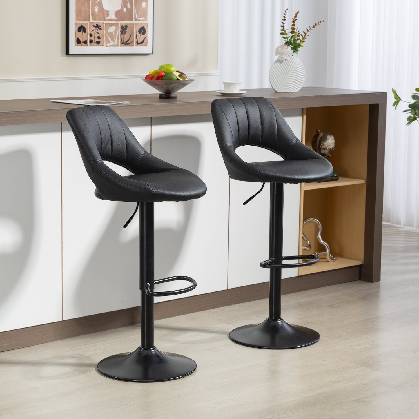 Faux Leather Bar Stools - Set of Two (x2) in Black