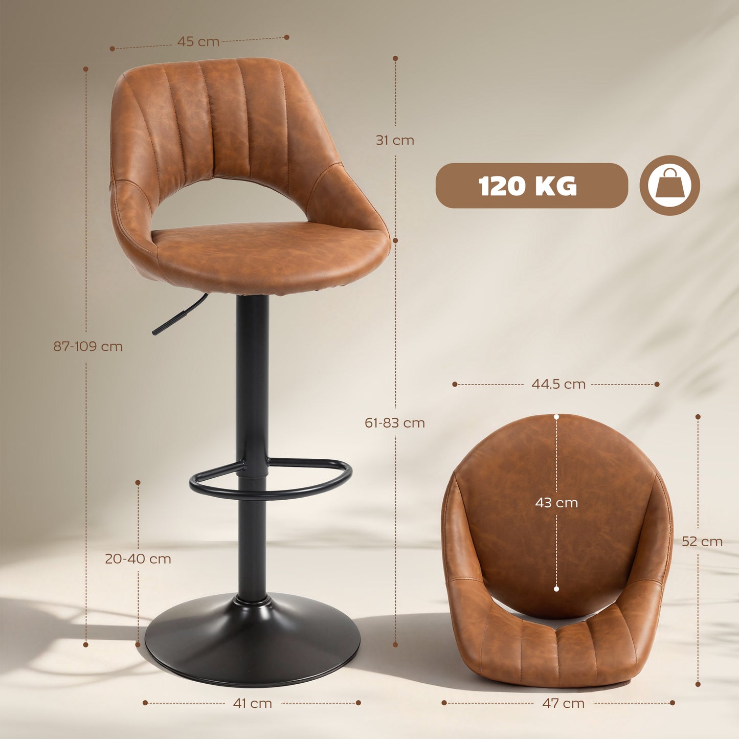 Faux Leather Bar Stools - Set of Two (x2) in Brown