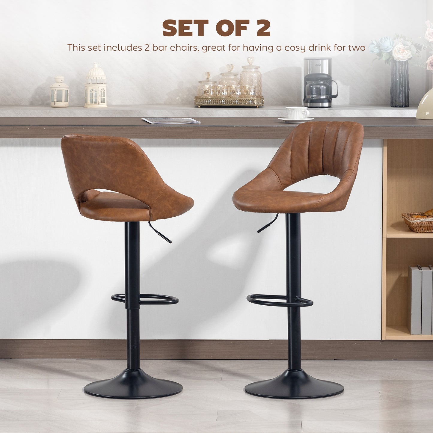 Faux Leather Bar Stools - Set of Two (x2) in Brown