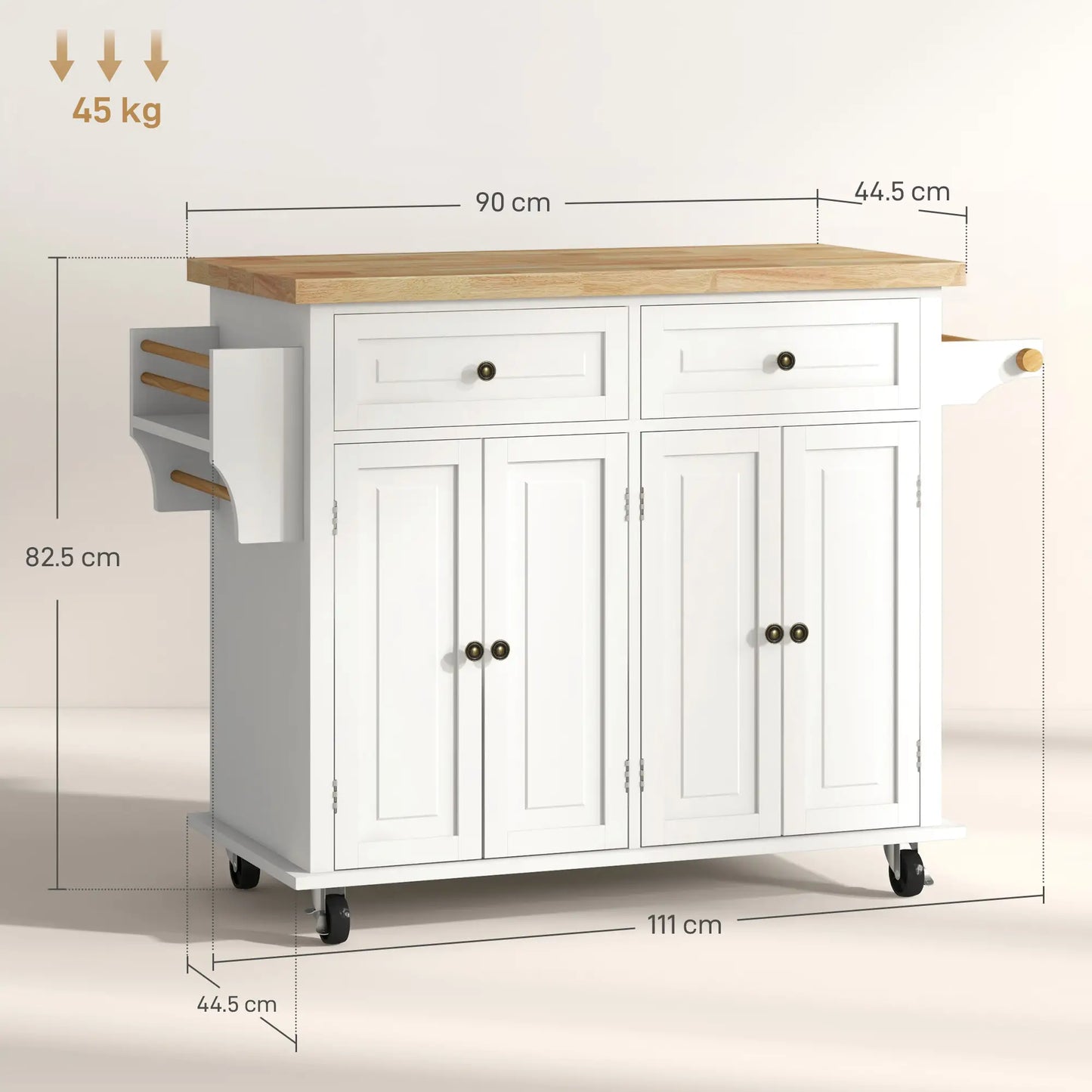 Kitchen Island Storage Rolling Trolley with Rubber Wood Top & Drawers in Cream White