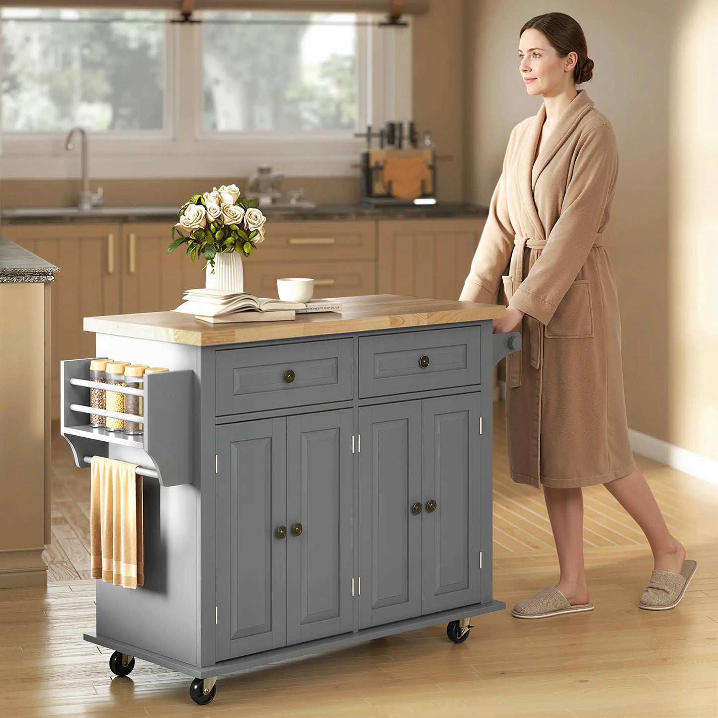 Kitchen Island Storage Rolling Trolley with Rubber Wood Top - Grey