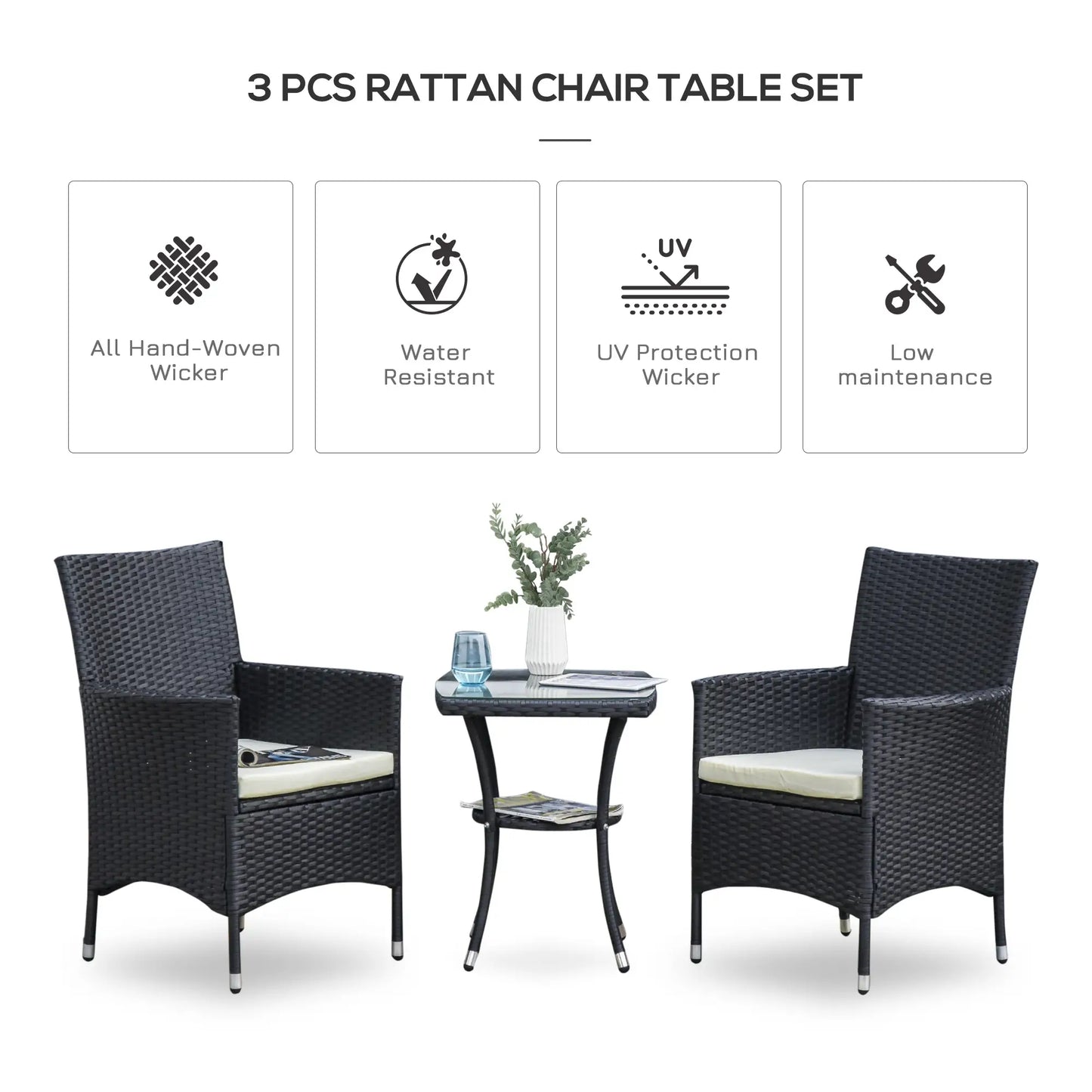 3 Pieces Rattan Bistro Set, Wicker Garden Furniture Set