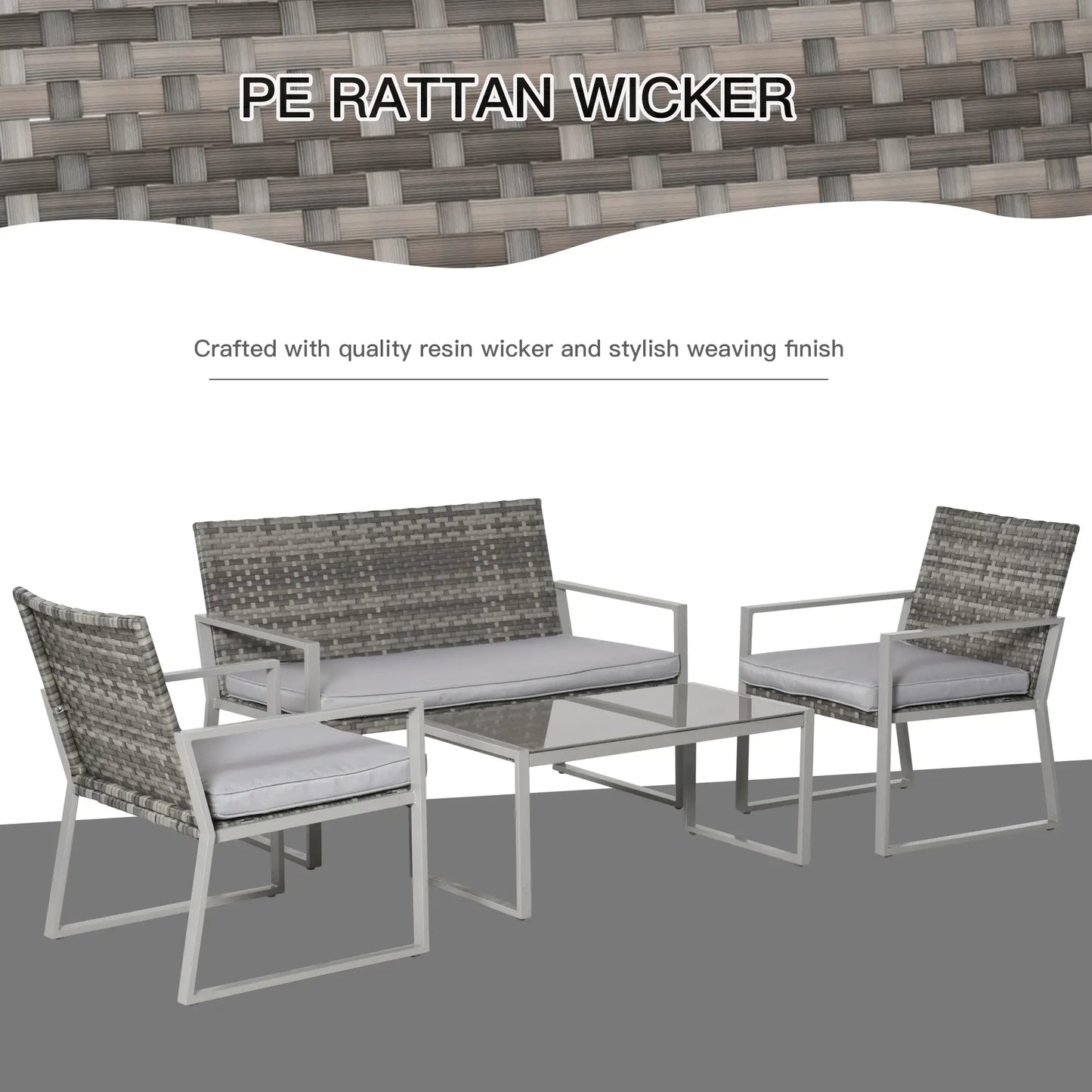 4PC Rattan Garden Furniture Set with 2 Single Sofa Arm Chairs and 1 Bench with Cushions
