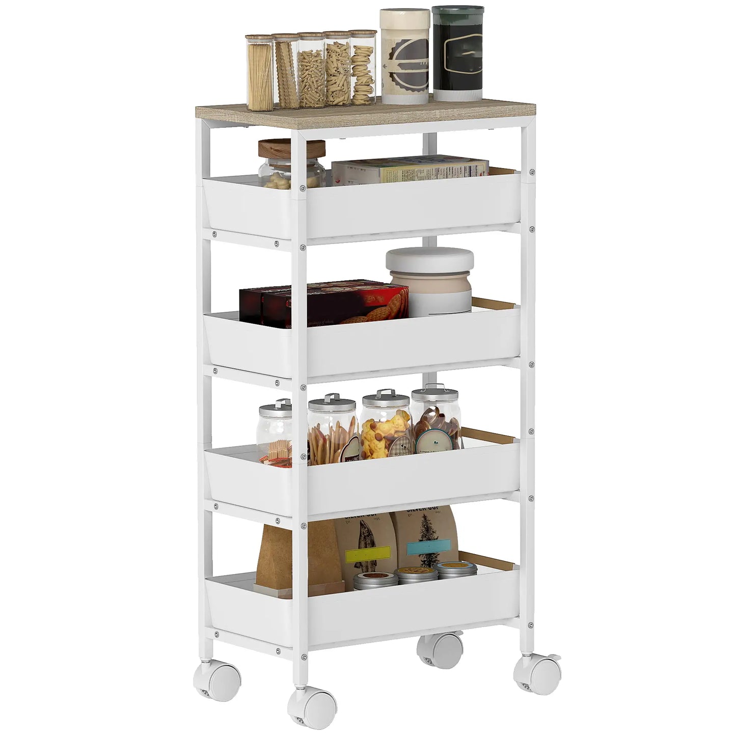 Slim 5 Tier Storage Trolley on Wheels – Narrow Space Saving Cart (White)