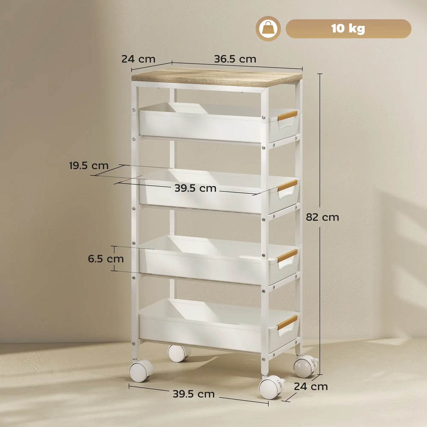 Slim 5 Tier Storage Trolley on Wheels – Narrow Space Saving Cart (White)