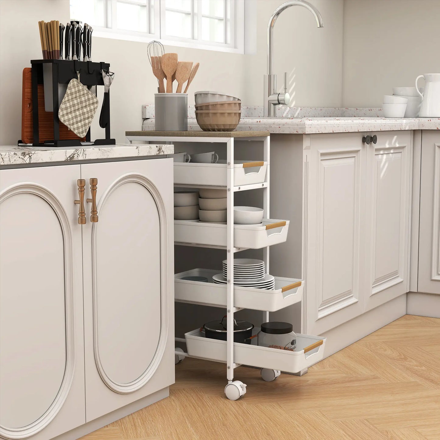 Slim 5 Tier Storage Trolley on Wheels – Narrow Space Saving Cart (White)