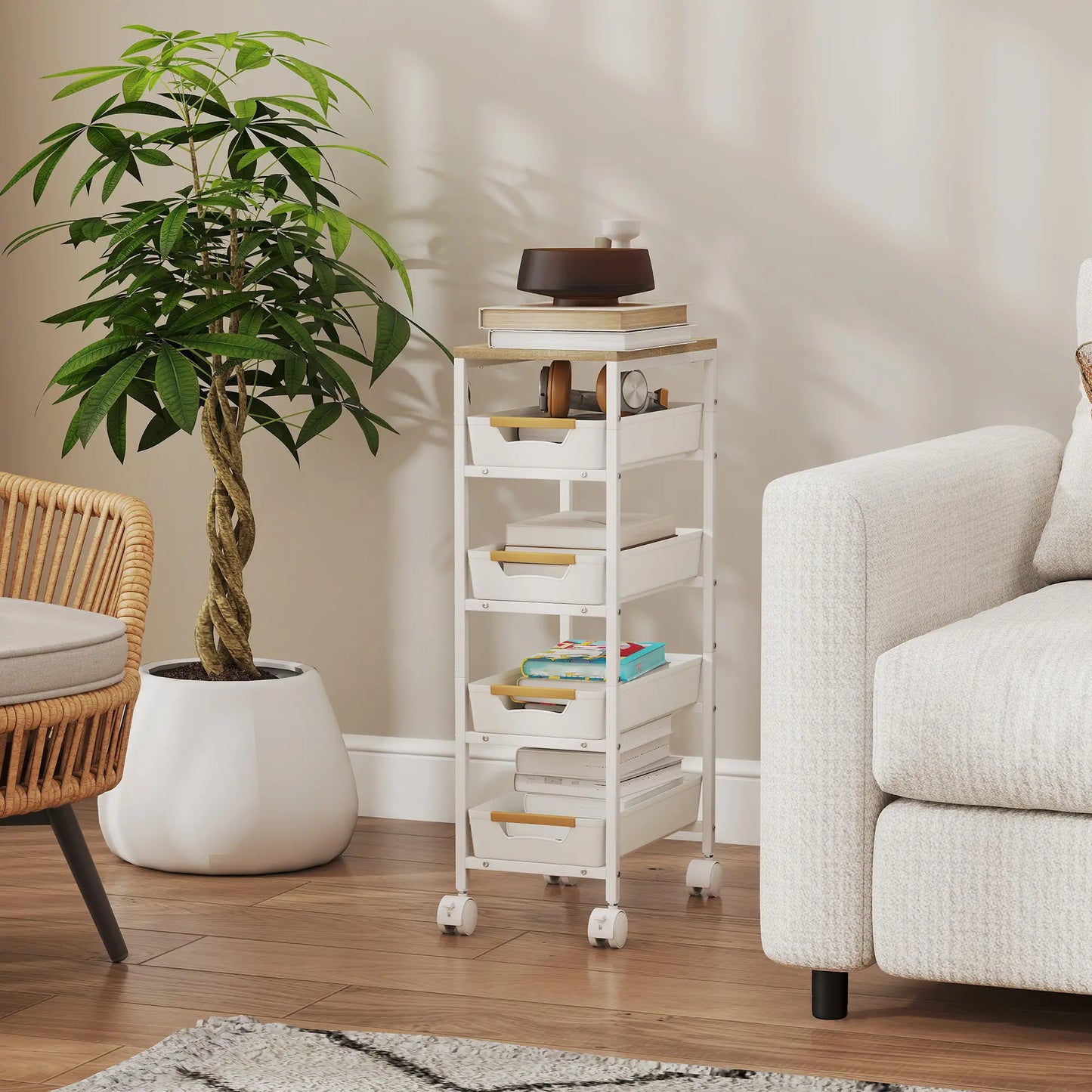 Slim 5 Tier Storage Trolley on Wheels – Narrow Space Saving Cart (White)