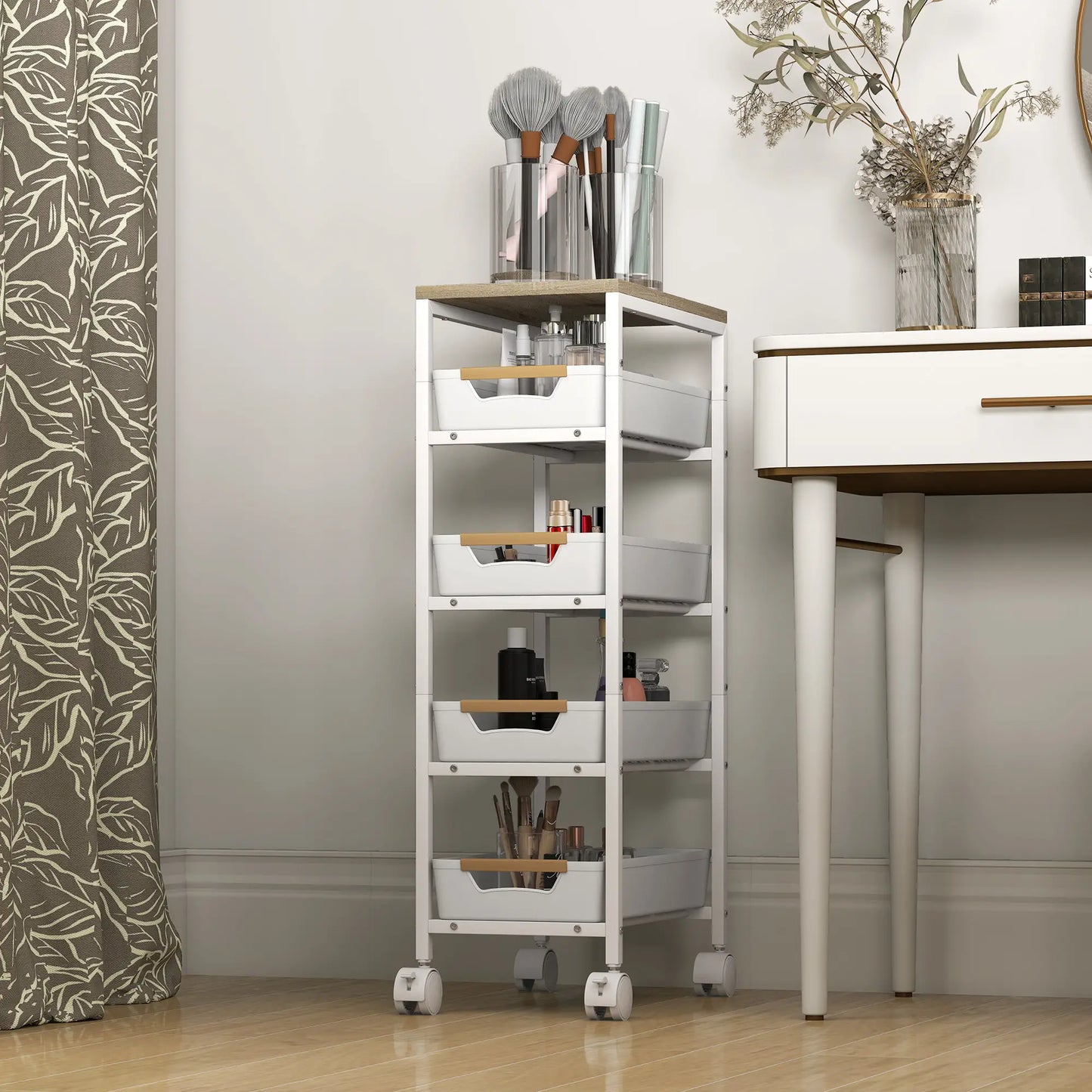 Slim 5 Tier Storage Trolley on Wheels – Narrow Space Saving Cart (White)