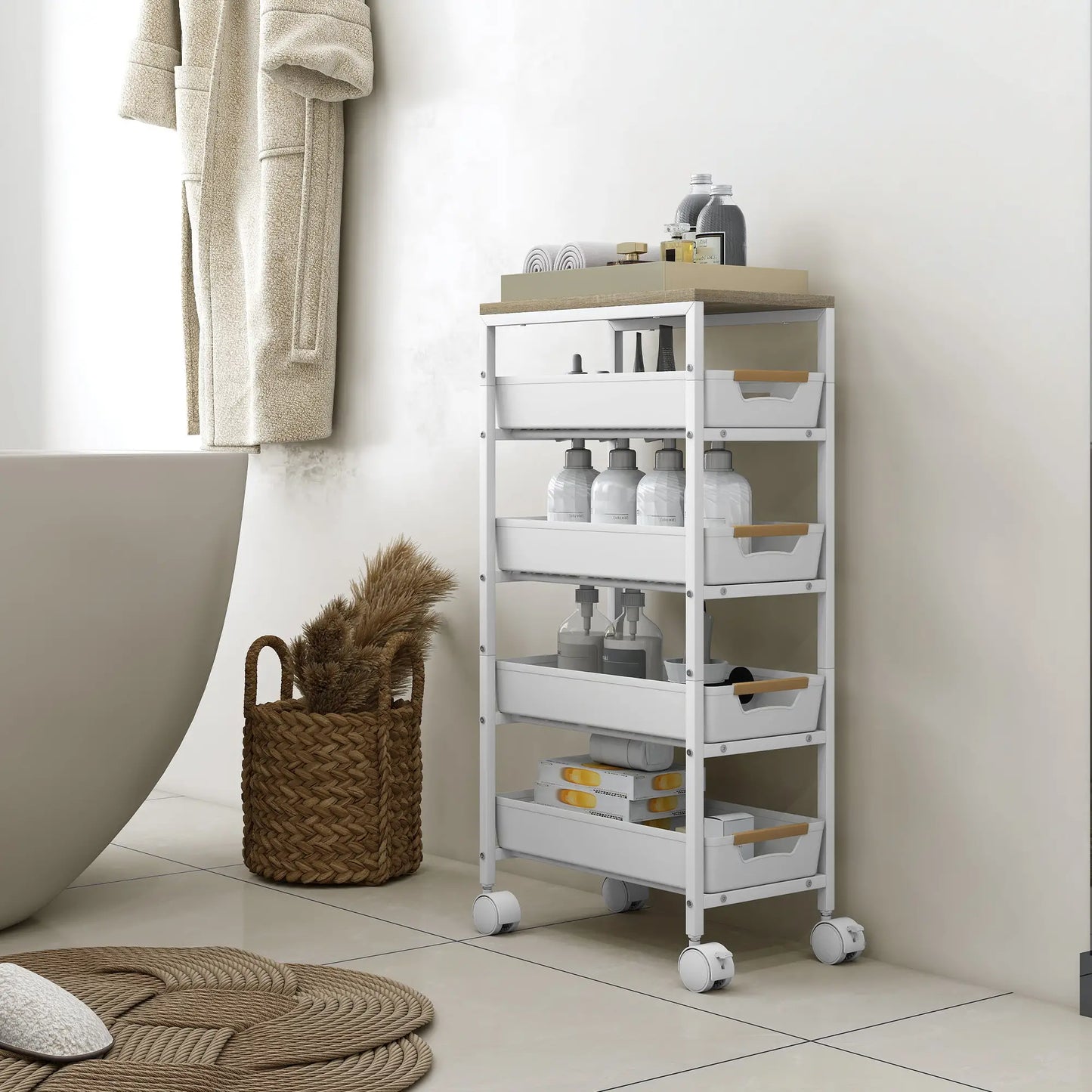 Slim 5 Tier Storage Trolley on Wheels – Narrow Space Saving Cart (White)
