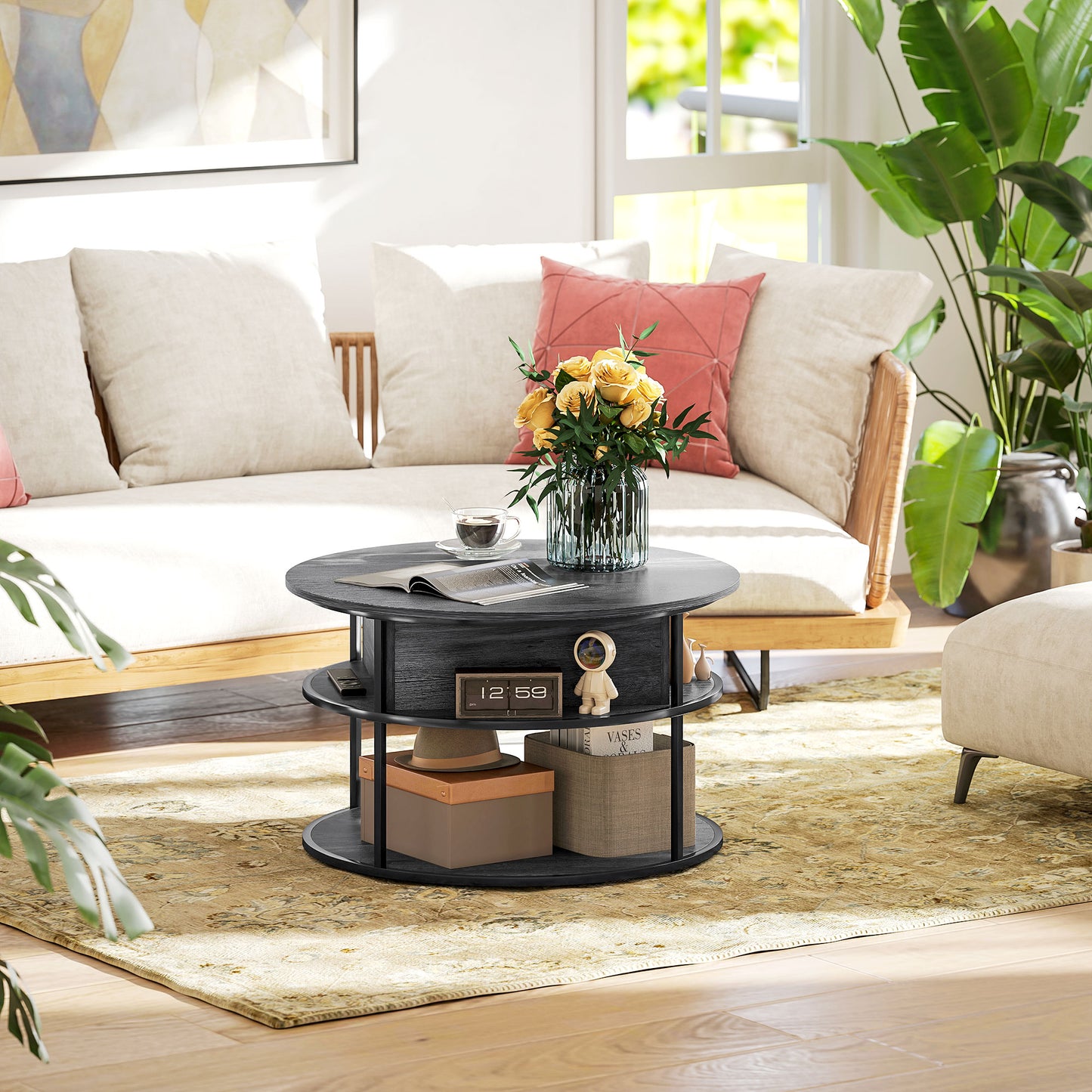 Round Coffee Table with Lift Top and Storage Shelf and Hidden Compartment