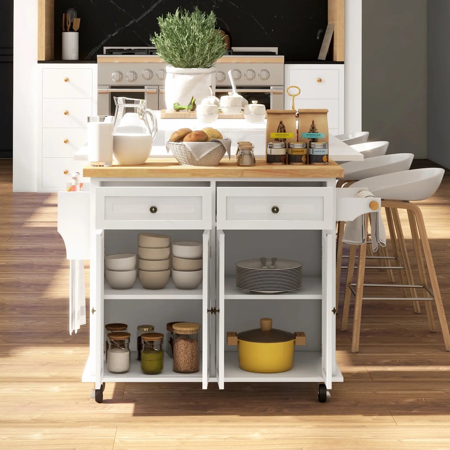 Kitchen Island Storage Rolling Trolley with Rubber Wood Top & Drawers in Cream White