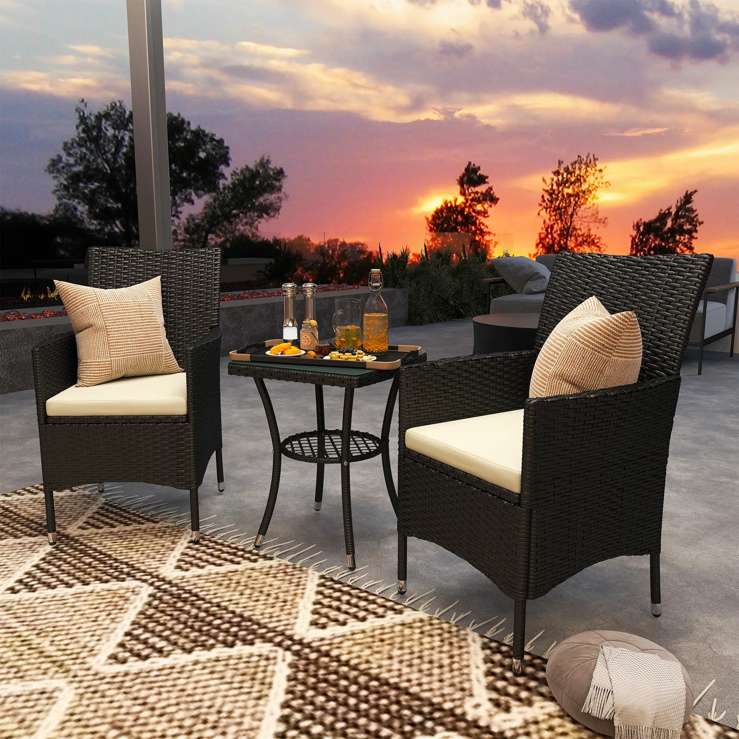 3 Pieces Rattan Bistro Set, Wicker Garden Furniture Set
