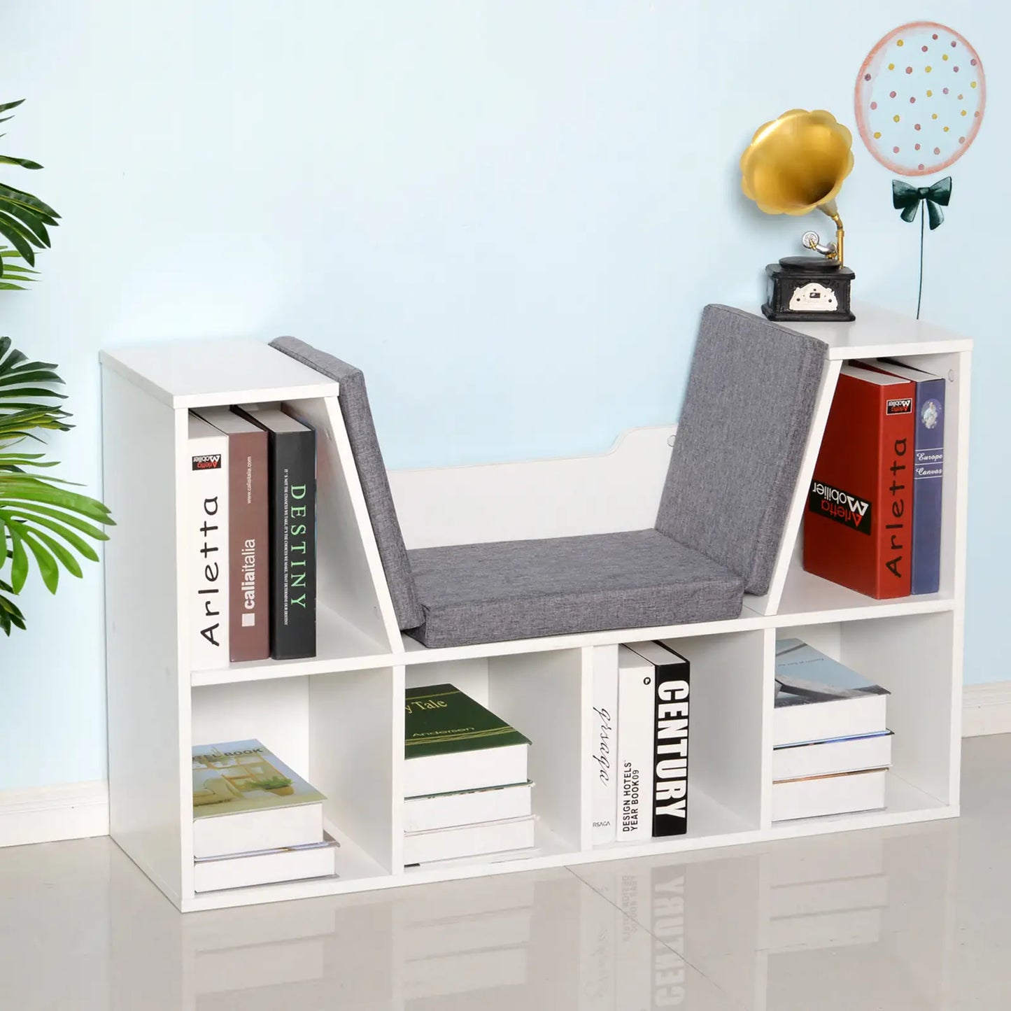 HOMCOM Bookcase with Cushioned Seat – Storage Cube Shelf Reading Bench, White